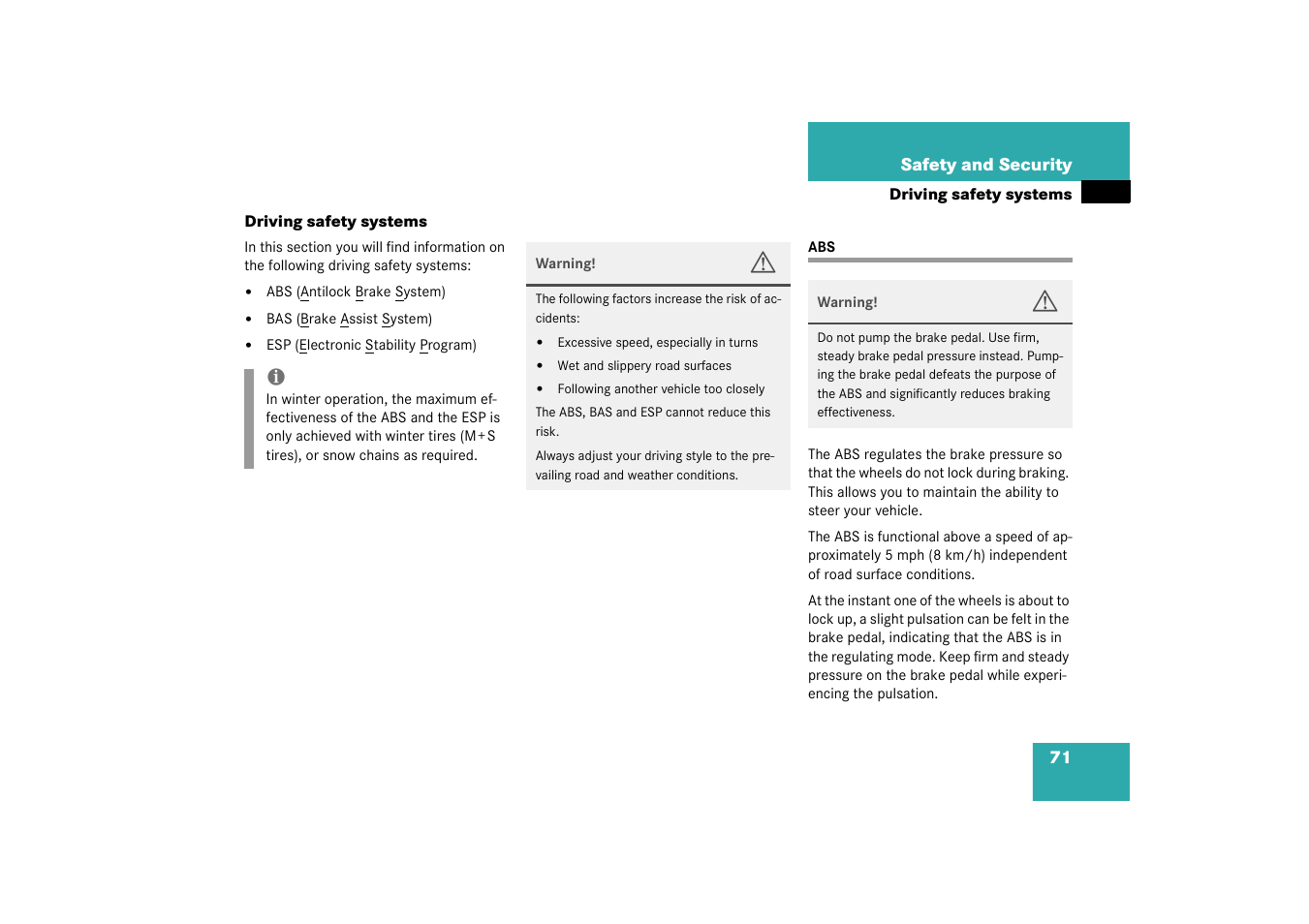 Driving safety systems:abs;abs, Driving safety systems | Mercedes-Benz 2003 CL 500 User Manual | Page 71 / 384