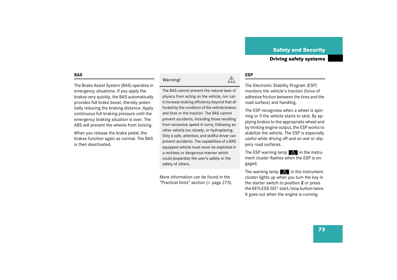 Driving safety systems:bas;bas, Bas esp | Mercedes-Benz 2003 CL 500 User Manual | Page 73 / 384