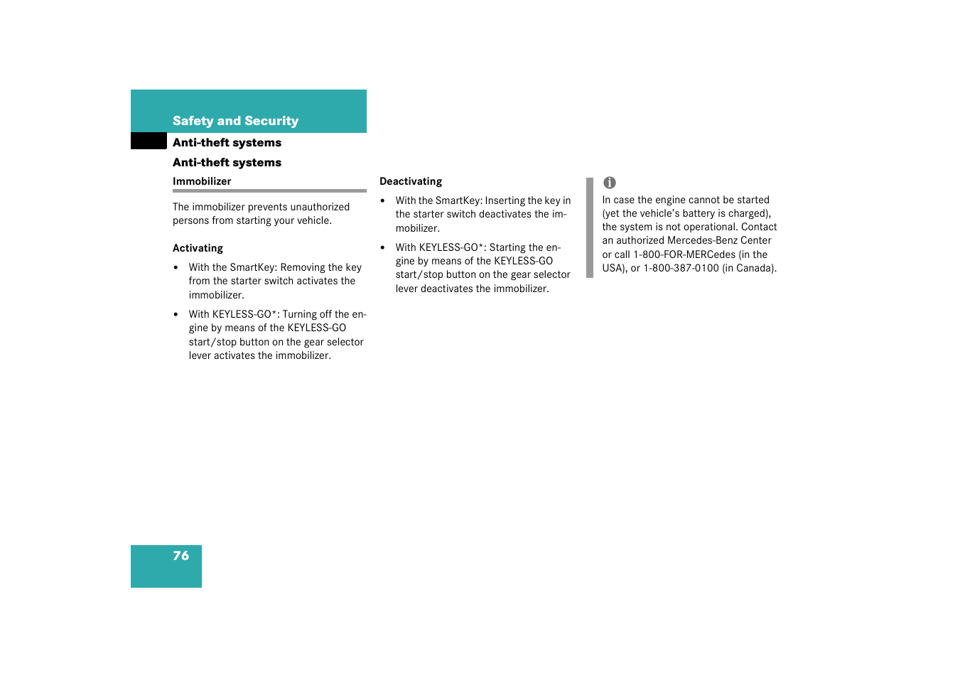 Anti-theft systems, Immobilizer;activating:immobilizer, Immobilizer | Mercedes-Benz 2003 CL 500 User Manual | Page 76 / 384