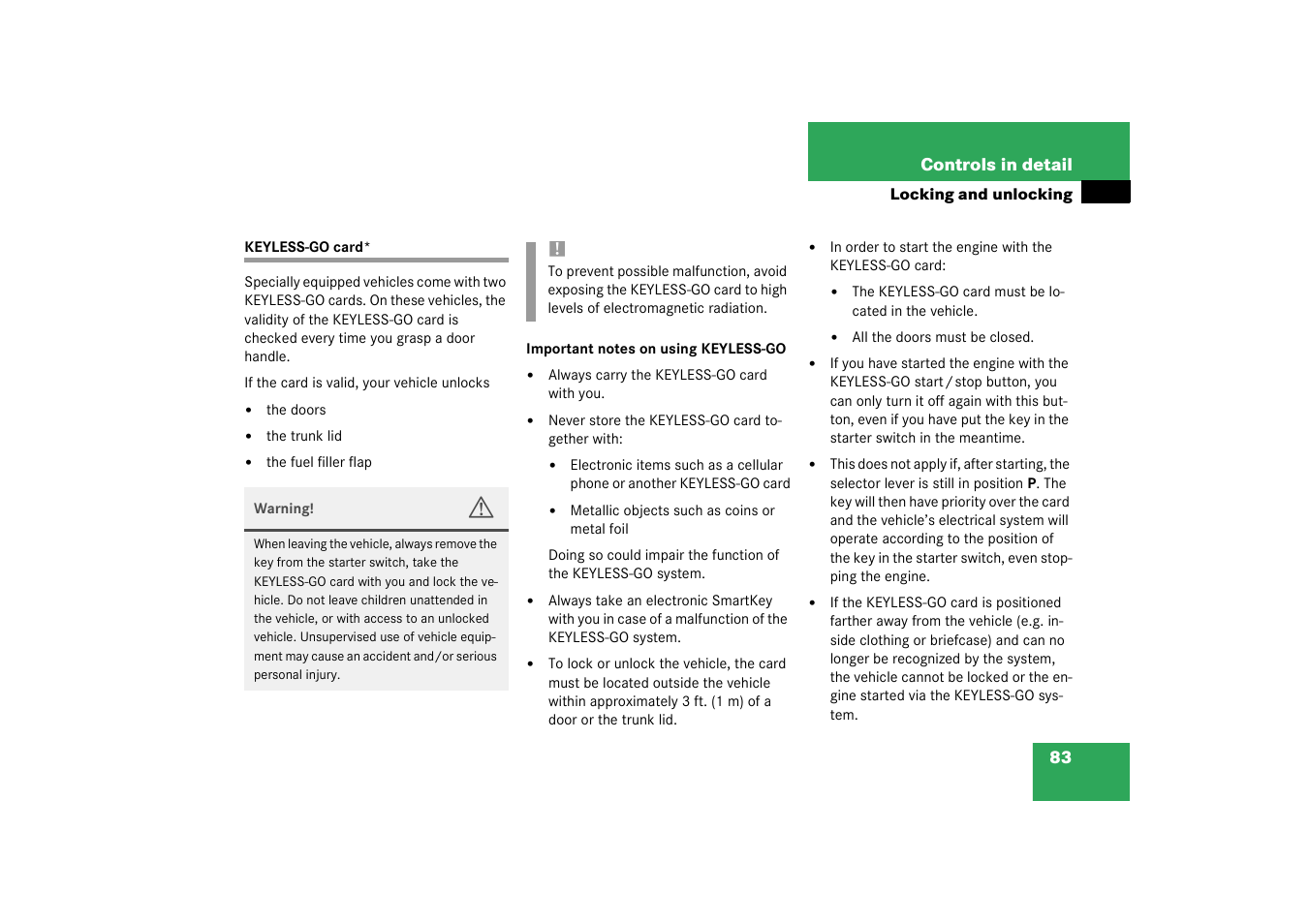 Keyless-go card | Mercedes-Benz 2003 CL 500 User Manual | Page 83 / 384