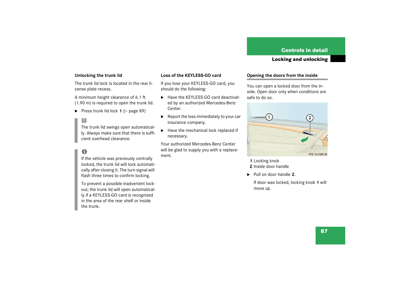 Opening the doors from the inside | Mercedes-Benz 2003 CL 500 User Manual | Page 87 / 384