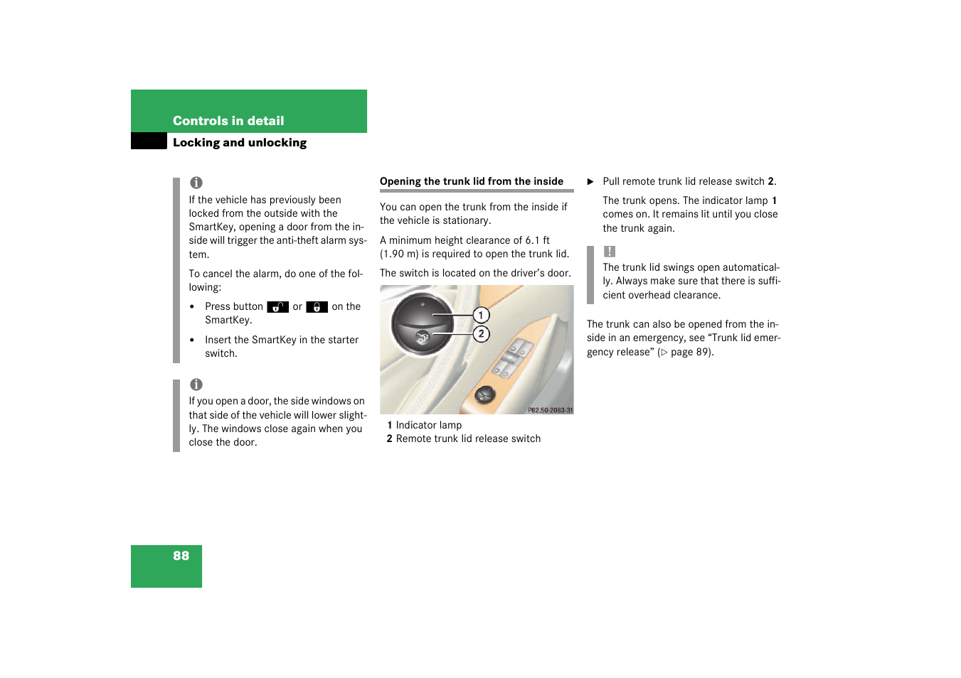 Opening the trunk lid from the inside | Mercedes-Benz 2003 CL 500 User Manual | Page 88 / 384