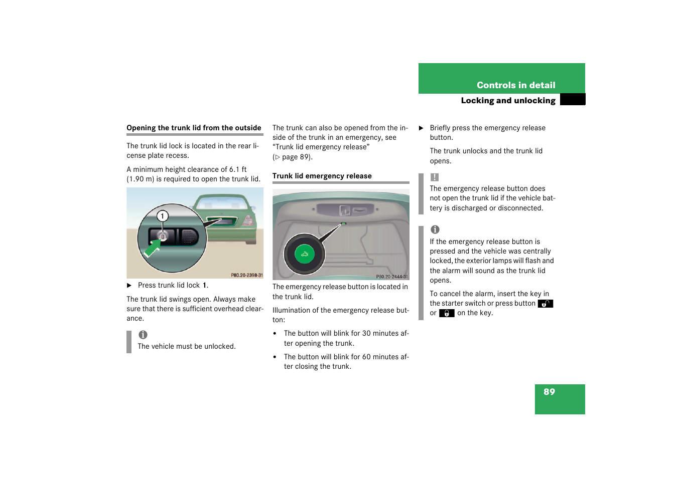 Trunk:trunk lid;opening:trunk;trunk:opening, Trunk lid emergency release | Mercedes-Benz 2003 CL 500 User Manual | Page 89 / 384