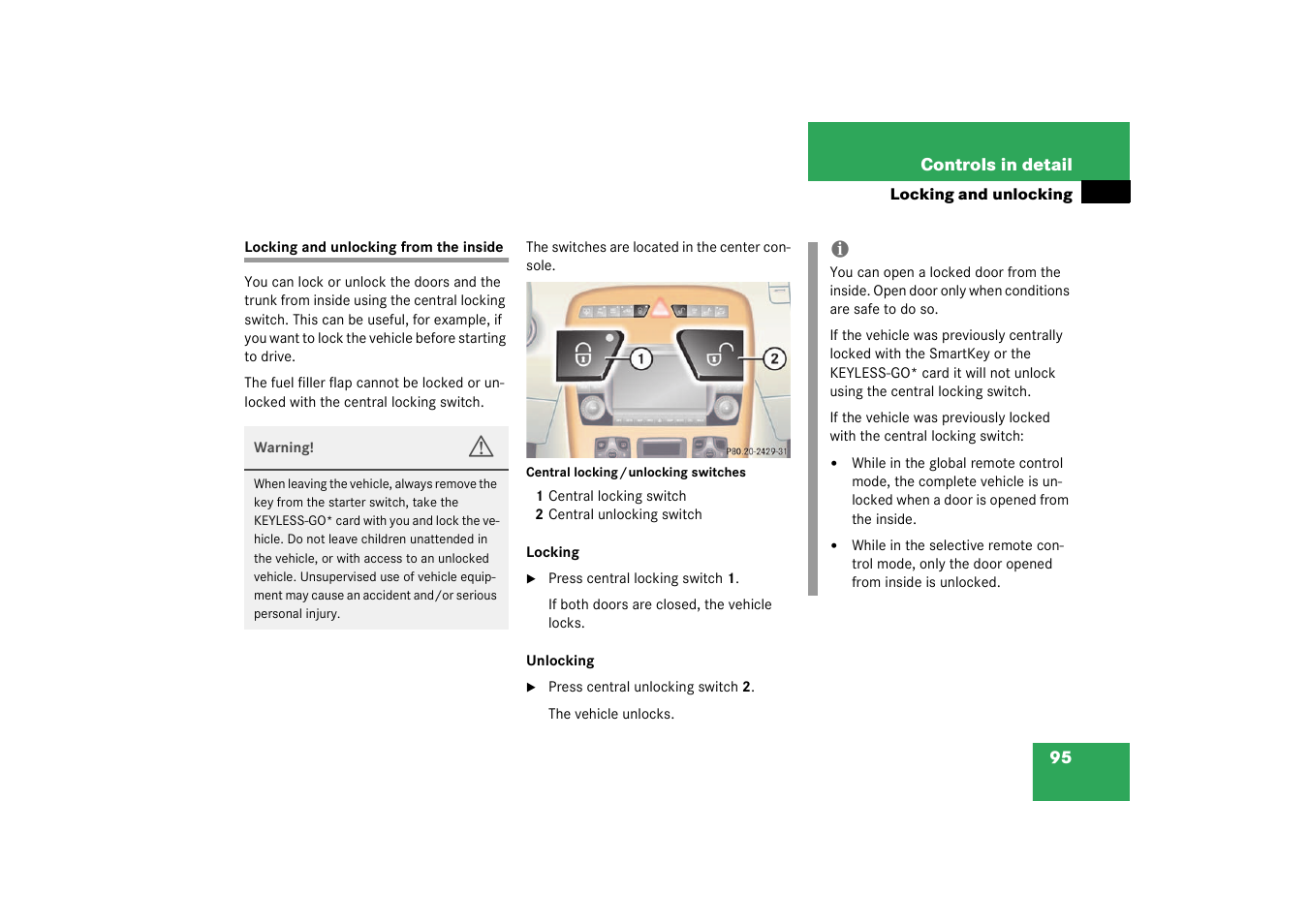 Locking and unlocking from the inside | Mercedes-Benz 2003 CL 500 User Manual | Page 95 / 384