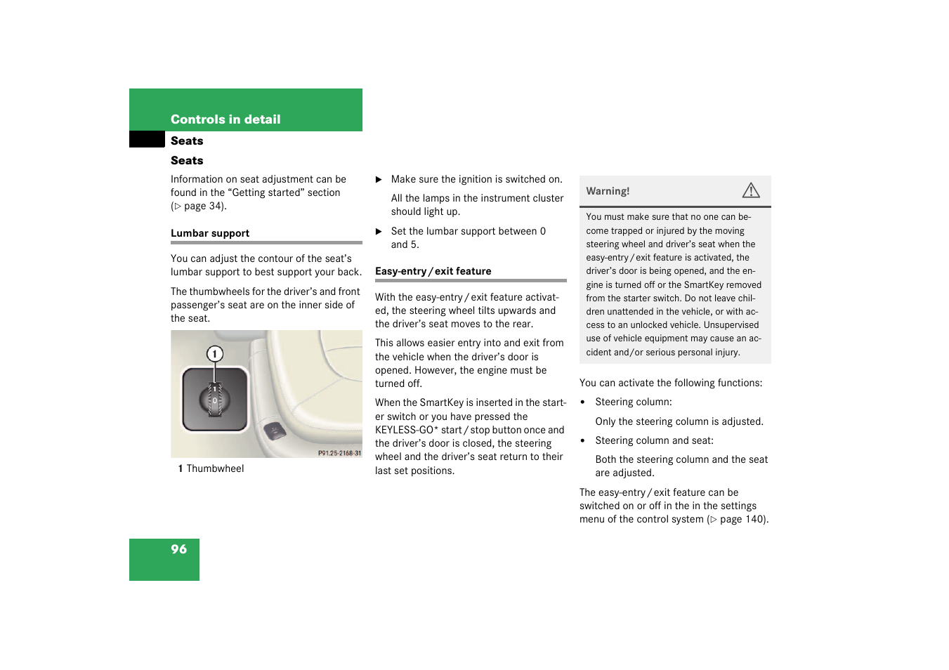 Seats, Lumbar support adjustment;adjusting:lumbar support, Lumbar support easy-entry/exit feature | Mercedes-Benz 2003 CL 500 User Manual | Page 96 / 384