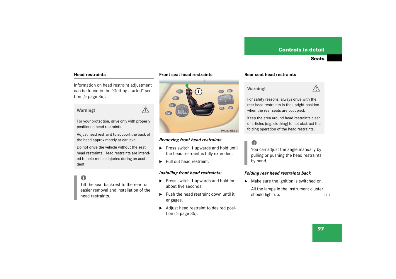 Head restraints | Mercedes-Benz 2003 CL 500 User Manual | Page 97 / 384