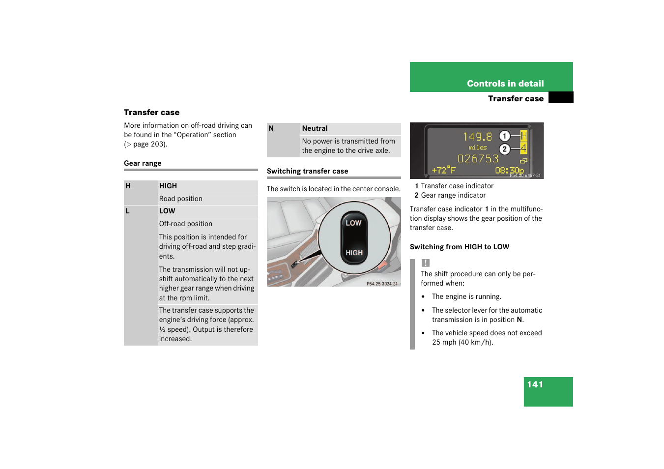 Transfer case, Transfer case:gear range;gear range:transfer case, Transfer case:switching;switching:transfer case | Gear range switching transfer case | Mercedes-Benz 2003 G 55 AMG User Manual | Page 141 / 360