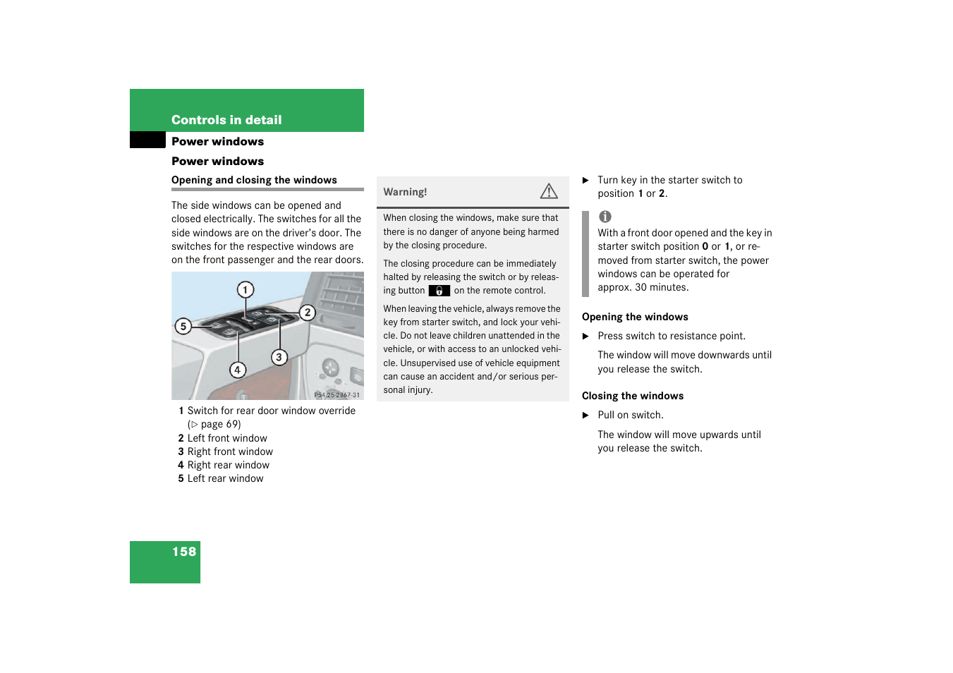 Power windows;power windows:side windows, Power windows, Opening and closing the windows 158 | Mercedes-Benz 2003 G 55 AMG User Manual | Page 158 / 360