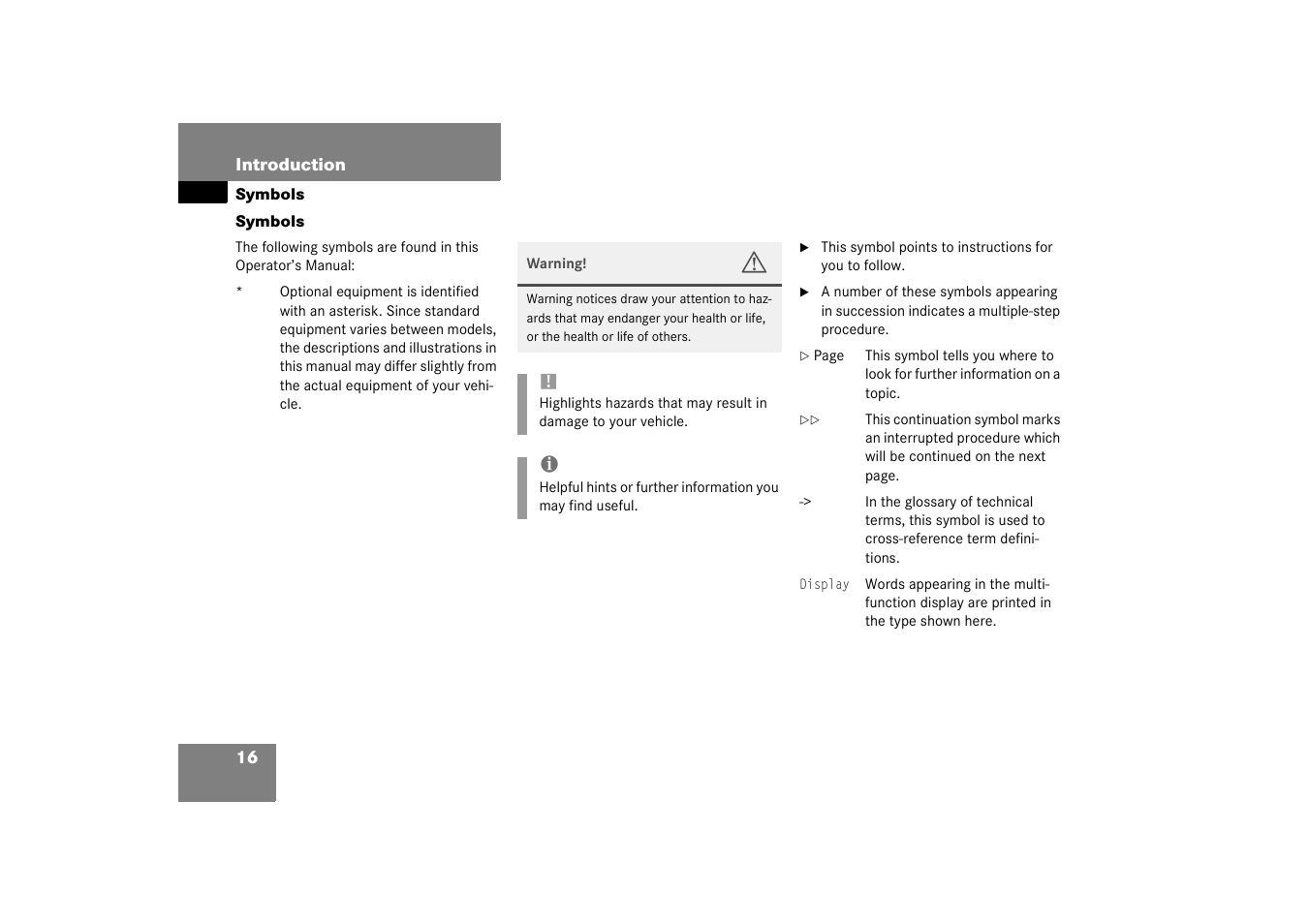 Symbols | Mercedes-Benz 2003 G 55 AMG User Manual | Page 16 / 360