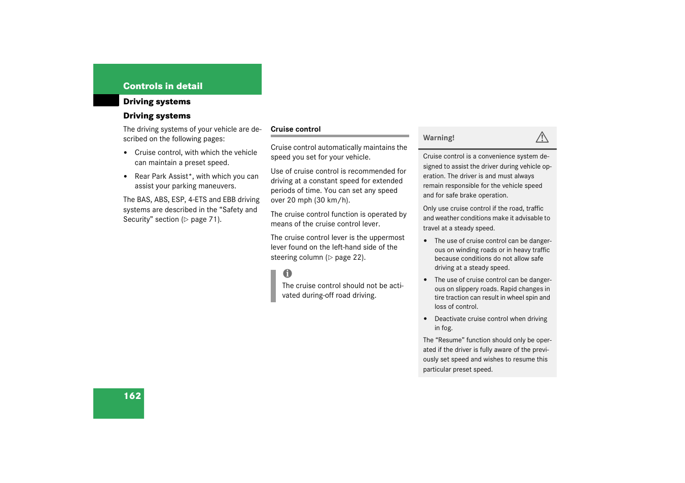 Driving systems, Cruise control | Mercedes-Benz 2003 G 55 AMG User Manual | Page 162 / 360