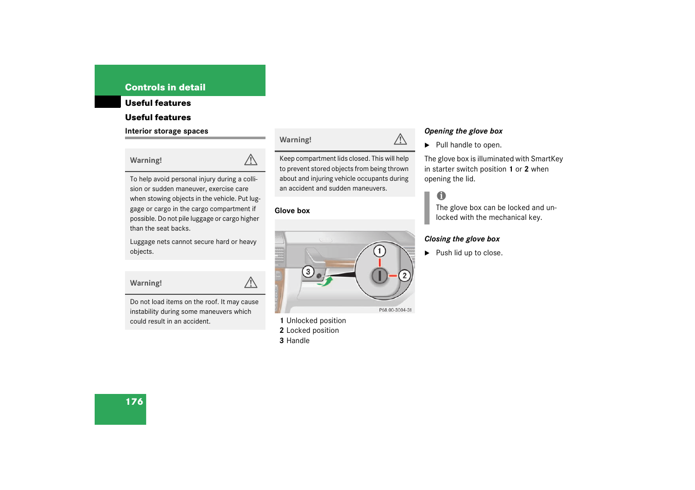 Useful features, Interior storage spaces | Mercedes-Benz 2003 G 55 AMG User Manual | Page 176 / 360