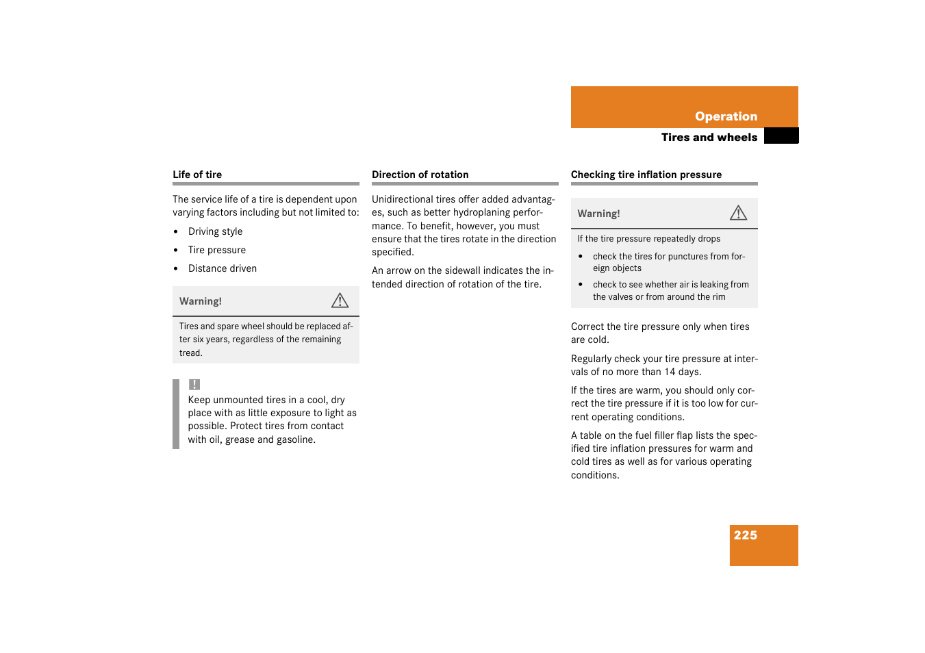 Service life (tires);tires:service life | Mercedes-Benz 2003 G 55 AMG User Manual | Page 225 / 360