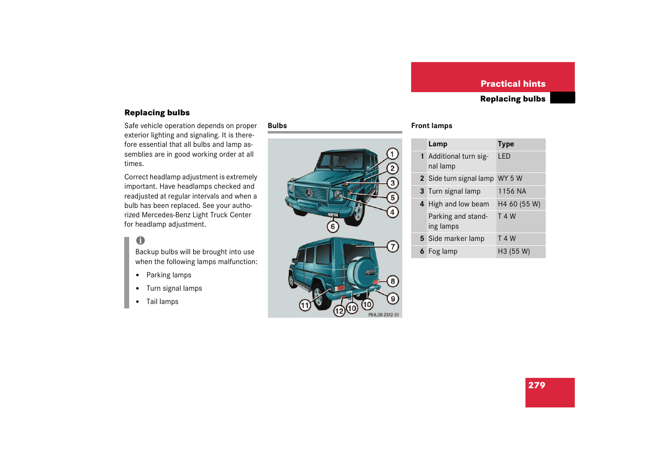 Bulbs, replacing:front lamps;replacing:bulbs, Bulbs, Replacing bulbs | Mercedes-Benz 2003 G 55 AMG User Manual | Page 279 / 360