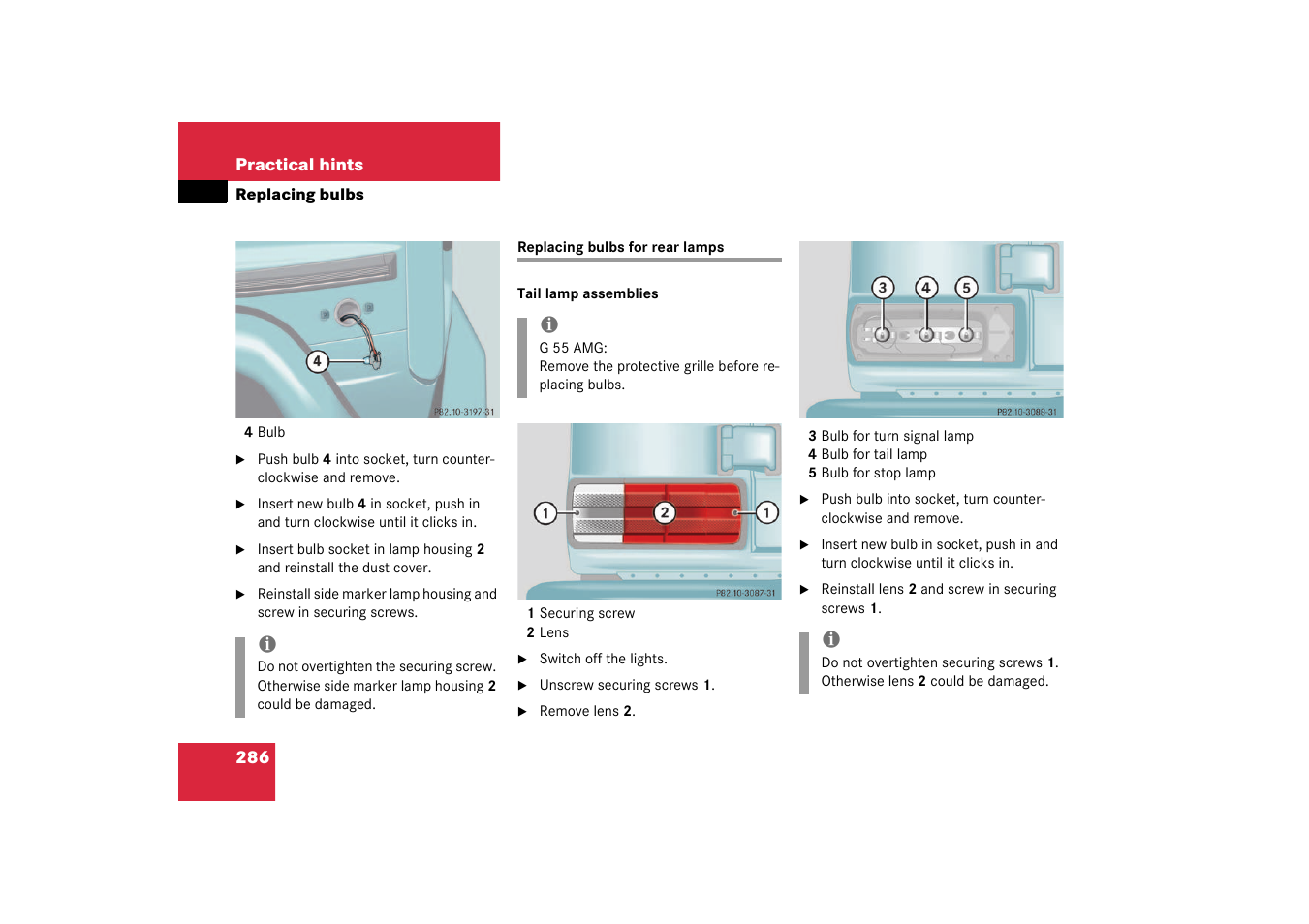 Replacing bulbs for rear lamps | Mercedes-Benz 2003 G 55 AMG User Manual | Page 286 / 360