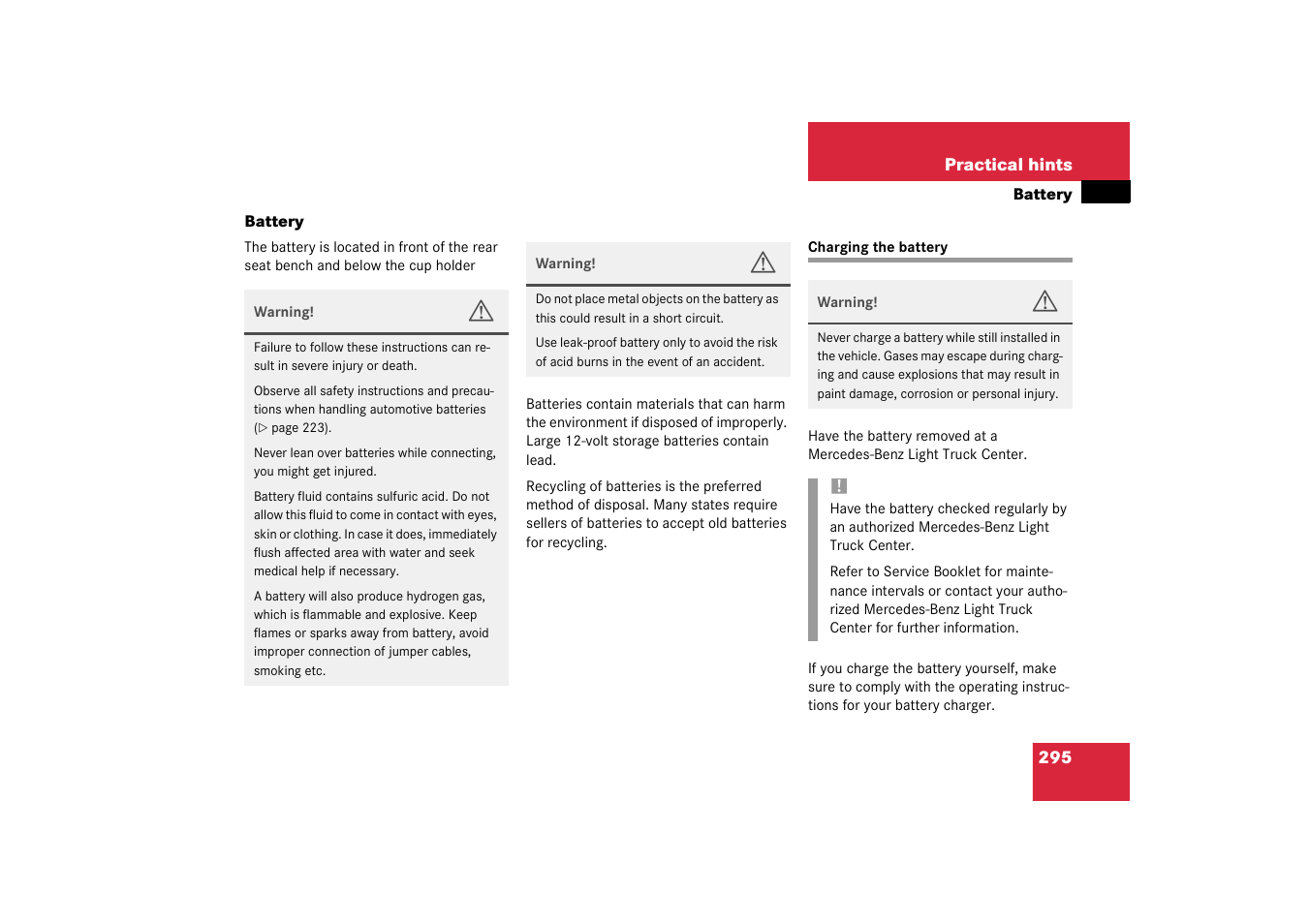 Battery, vehicle:charging;charging:vehicle battery, Battery, Charging the battery | Mercedes-Benz 2003 G 55 AMG User Manual | Page 295 / 360