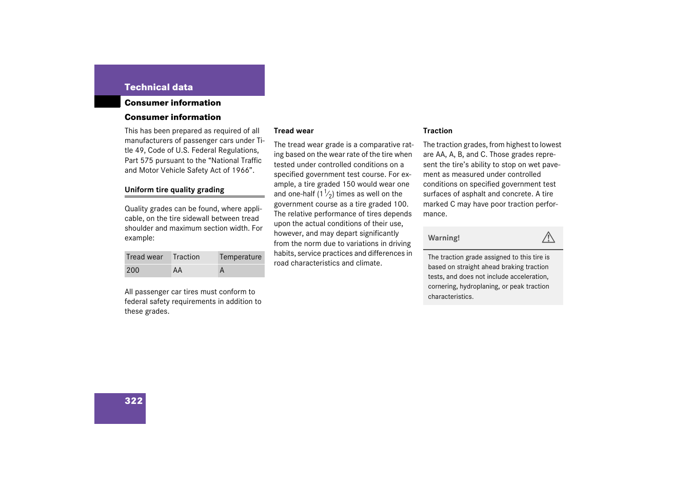 Consumer information;tires:consumer information, Uniform tire quality grading, Consumer information | Mercedes-Benz 2003 G 55 AMG User Manual | Page 322 / 360