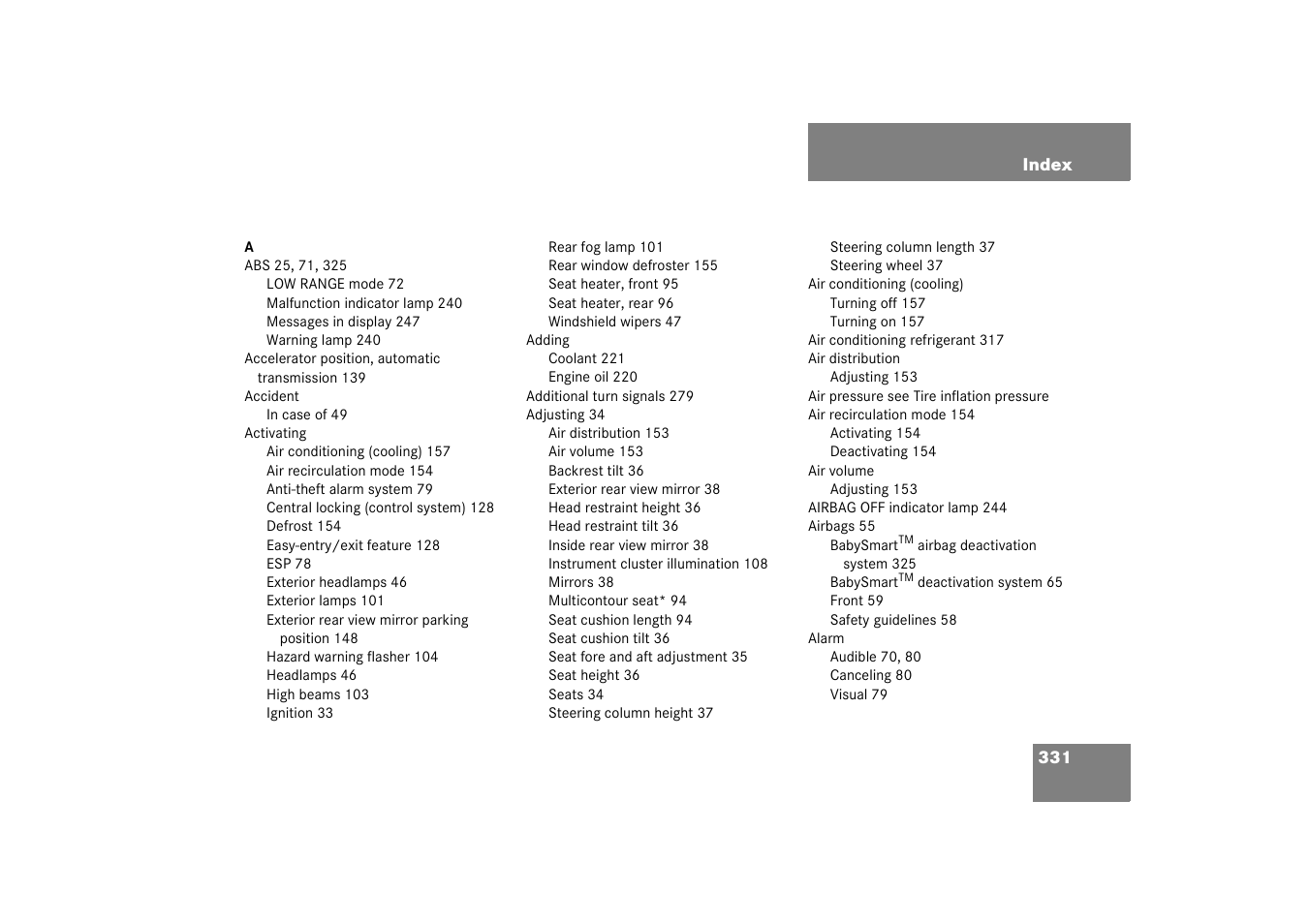 Index | Mercedes-Benz 2003 G 55 AMG User Manual | Page 331 / 360