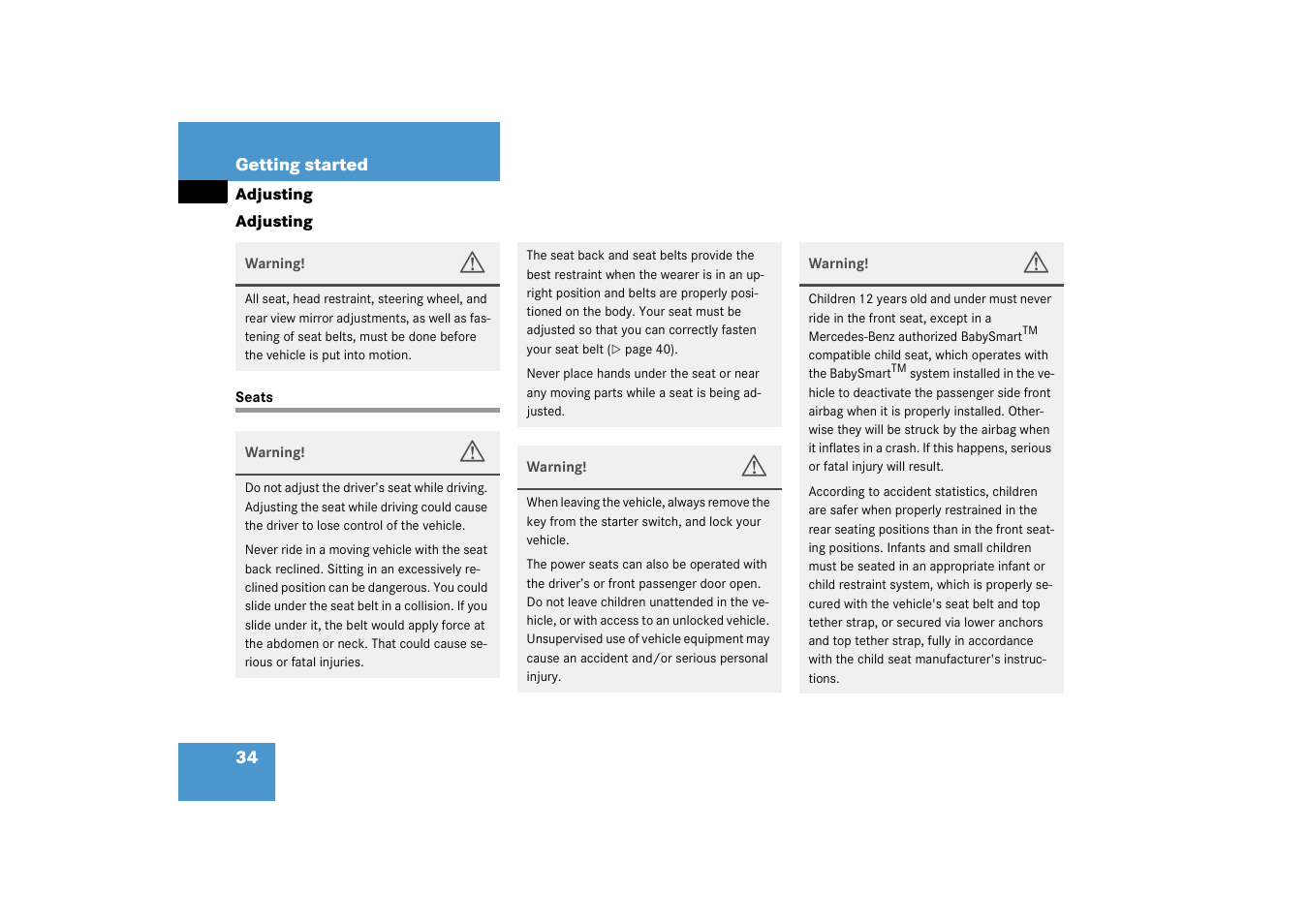 Adjusting, Adjusting:seats;seats:adjusting, Seats | Mercedes-Benz 2003 G 55 AMG User Manual | Page 34 / 360