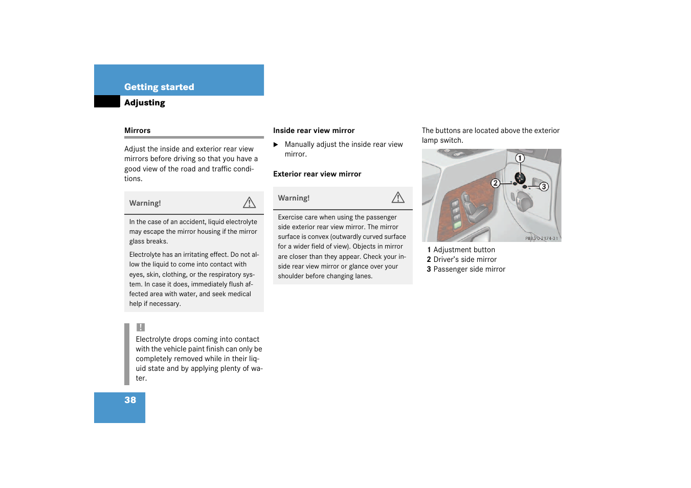 Mirrors:adjusting;adjusting:mirrors, Mirrors | Mercedes-Benz 2003 G 55 AMG User Manual | Page 38 / 360