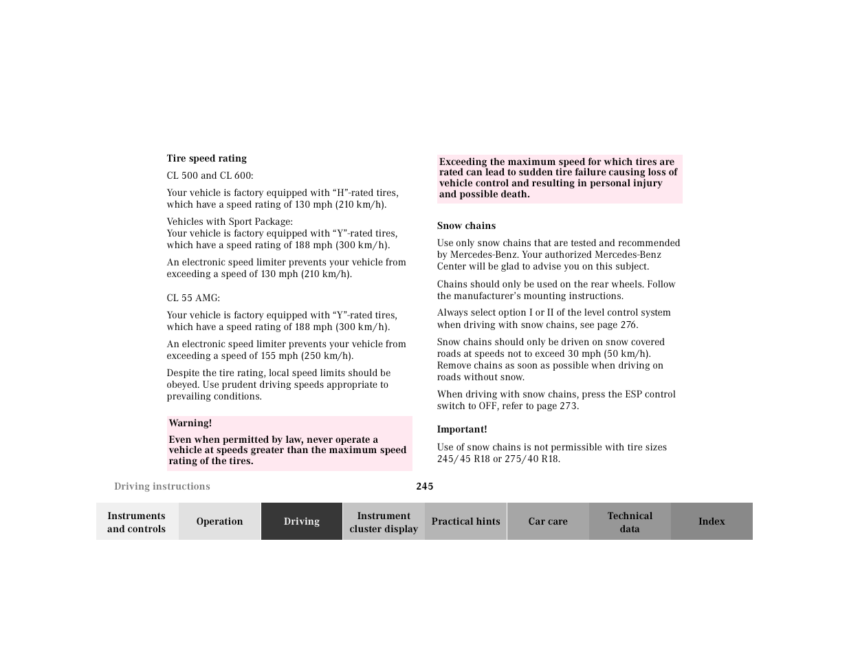 Mercedes-Benz 2000 CL 500 User Manual | Page 250 / 424