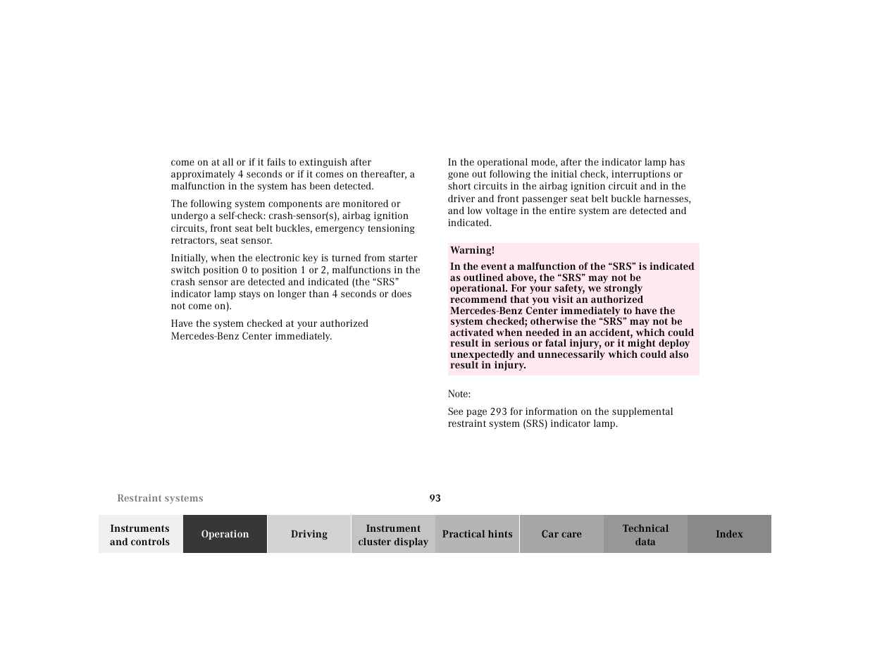 Mercedes-Benz 2000 CL 500 User Manual | Page 96 / 424