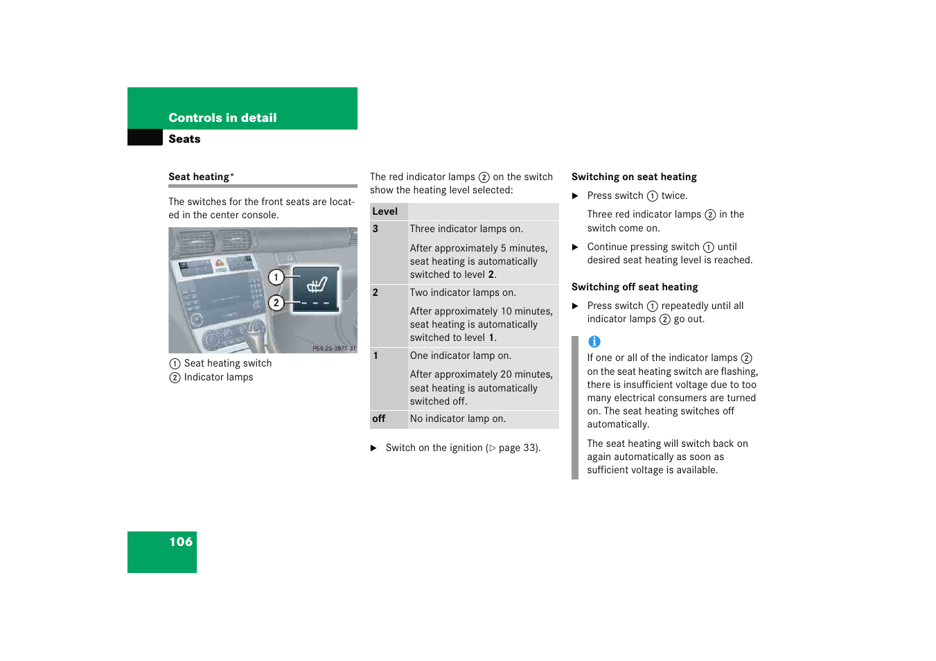Seats:heating, Seat heating | Mercedes-Benz 2005 C 230 Kompressor User Manual | Page 107 / 474