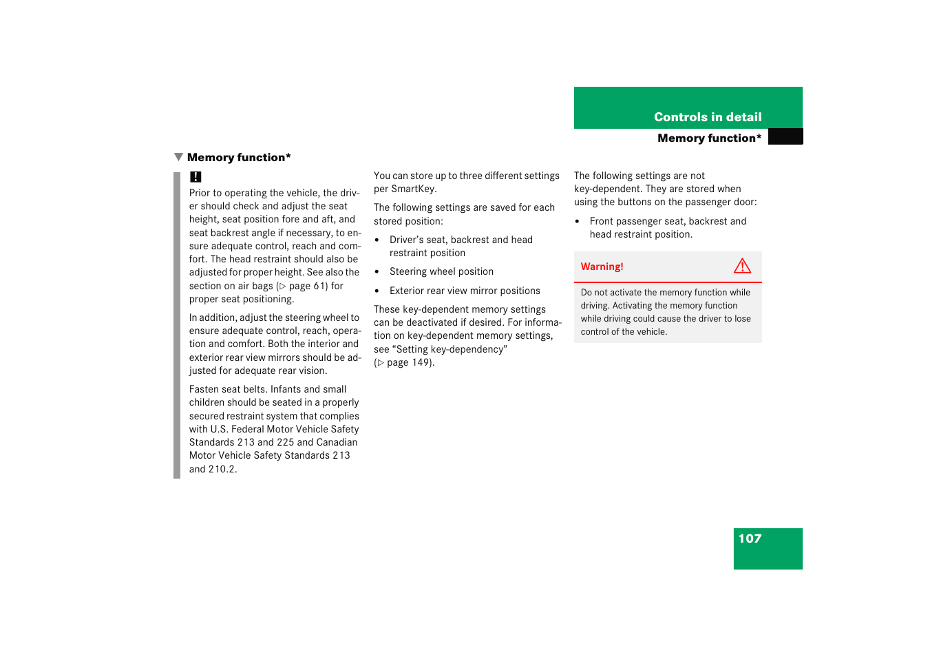 Memory function | Mercedes-Benz 2005 C 230 Kompressor User Manual | Page 108 / 474