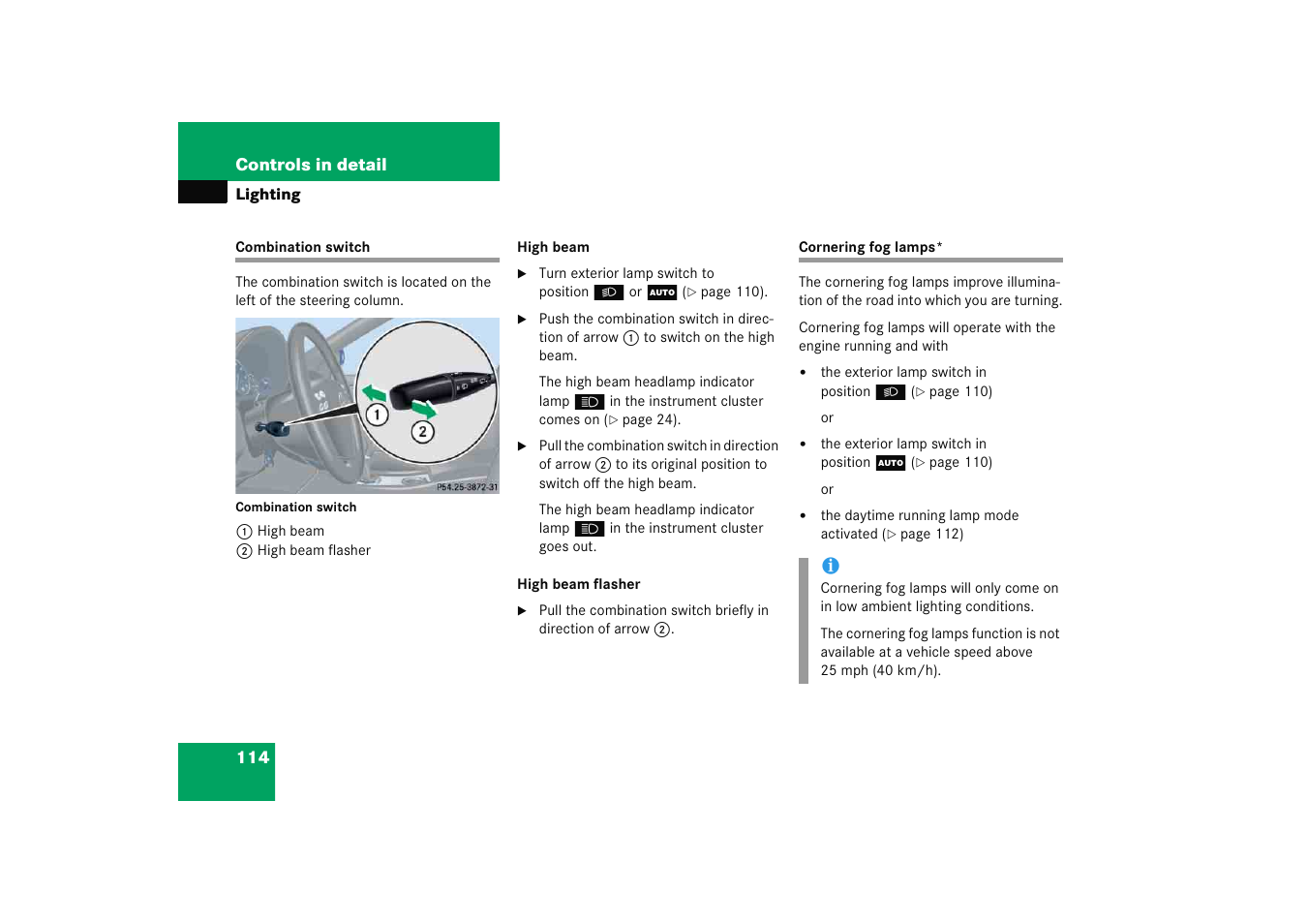 Combination switch, Cornering fog lamps, Combination switch cornering fog lamps | See “combination switch | Mercedes-Benz 2005 C 230 Kompressor User Manual | Page 115 / 474