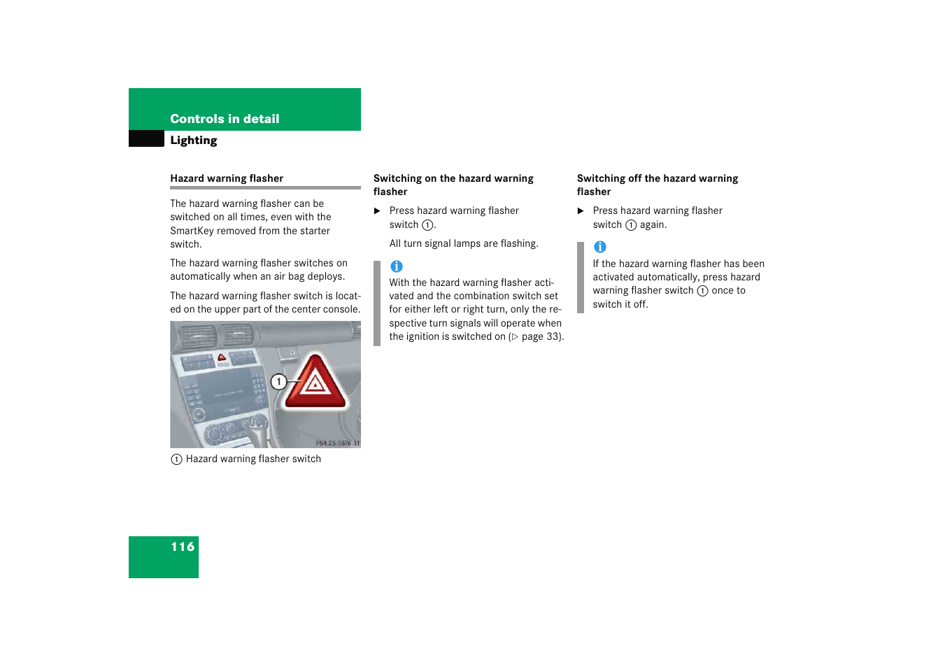 Hazard warning flasher | Mercedes-Benz 2005 C 230 Kompressor User Manual | Page 117 / 474