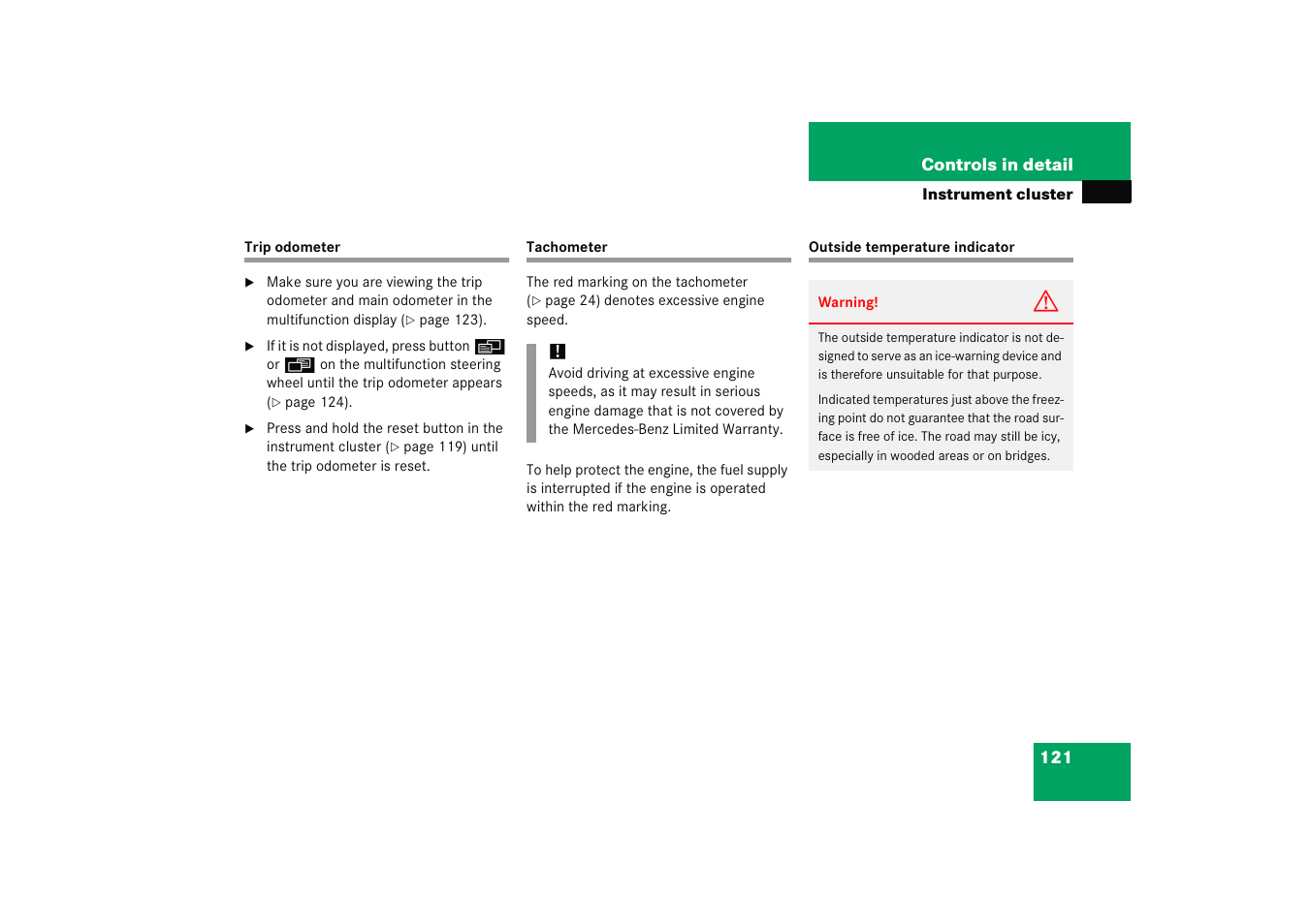 Resetting:trip odometer, Tachometer, Outside temperature indicator | Mercedes-Benz 2005 C 230 Kompressor User Manual | Page 122 / 474