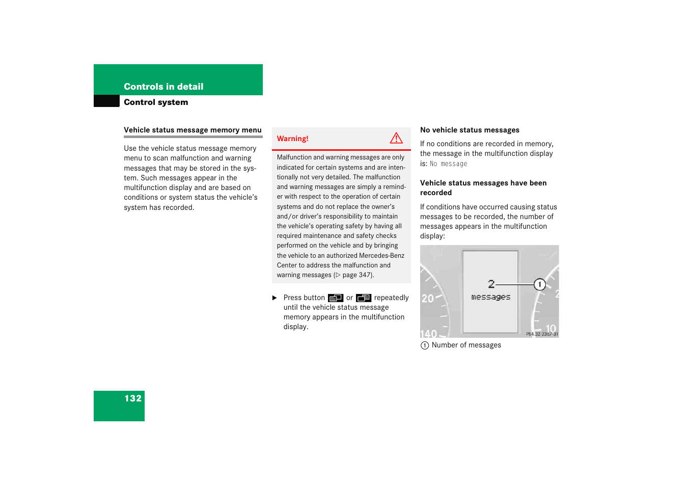 Menus:vehicle status message memory menu, Vehicle status message memory menu | Mercedes-Benz 2005 C 230 Kompressor User Manual | Page 133 / 474