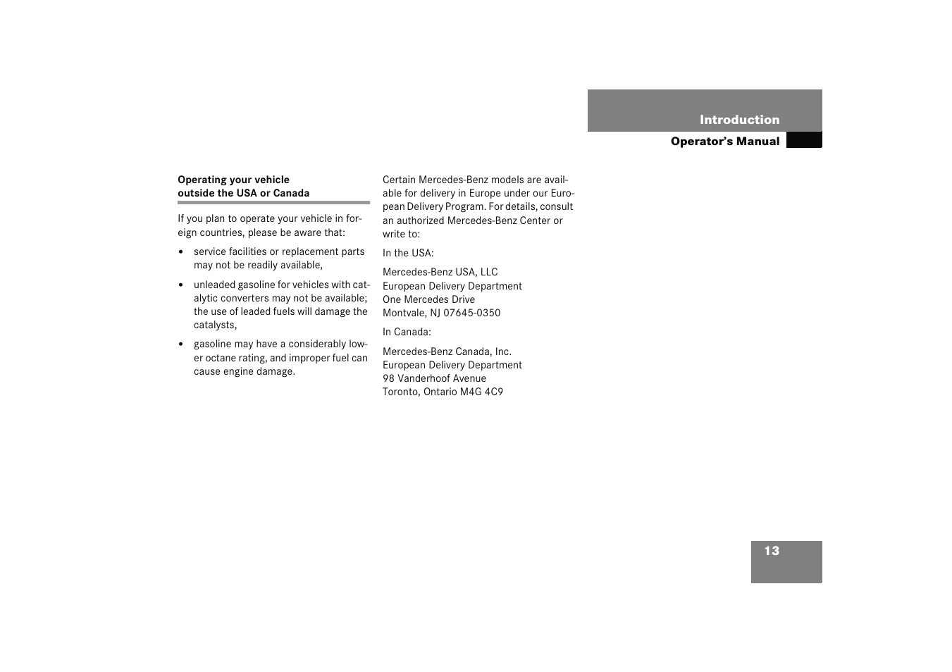 Operating your vehicle outsidetheusaor canada, Operating your vehicle outside the usa or canada | Mercedes-Benz 2005 C 230 Kompressor User Manual | Page 14 / 474