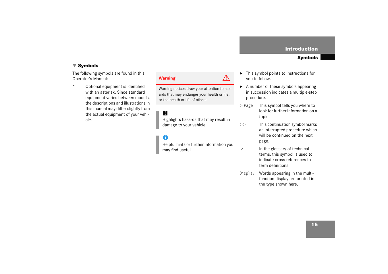 Symbols | Mercedes-Benz 2005 C 230 Kompressor User Manual | Page 16 / 474