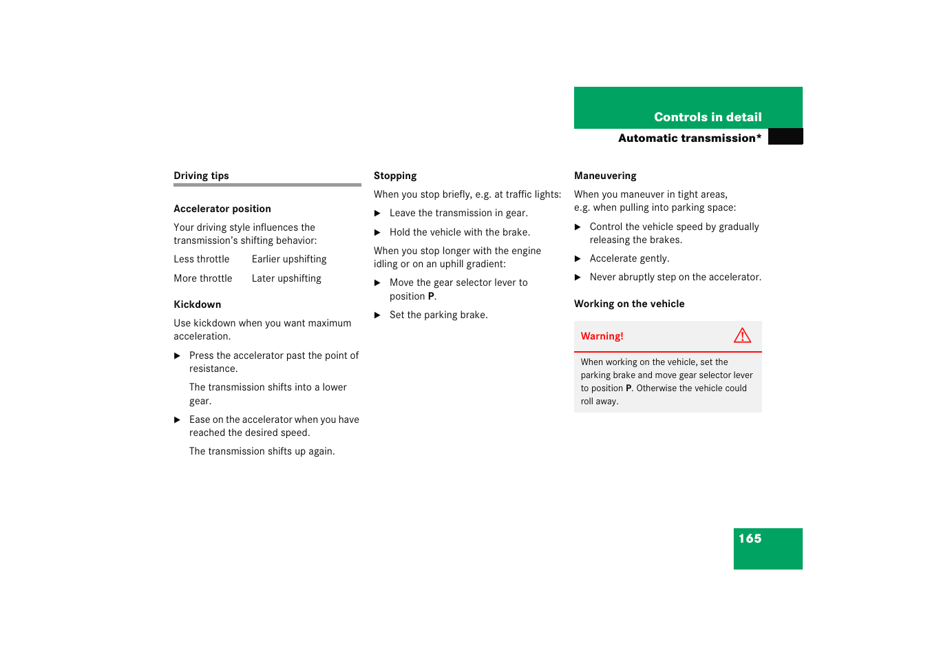 Kickdown, Driving tips | Mercedes-Benz 2005 C 230 Kompressor User Manual | Page 166 / 474
