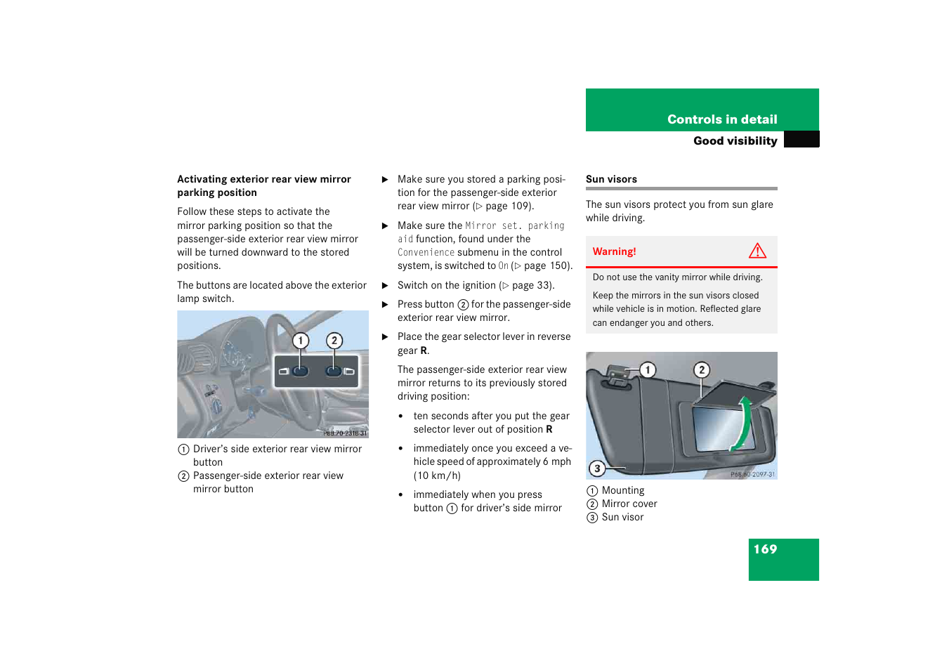 Sun visors | Mercedes-Benz 2005 C 230 Kompressor User Manual | Page 170 / 474