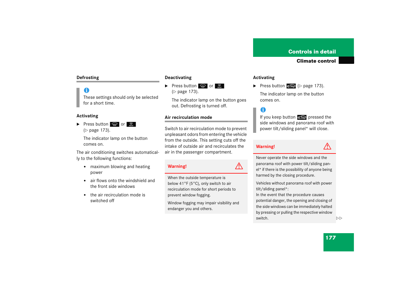 Defrosting:climate control, Air recirculation mode, Defrosting air recirculation mode | Mercedes-Benz 2005 C 230 Kompressor User Manual | Page 178 / 474