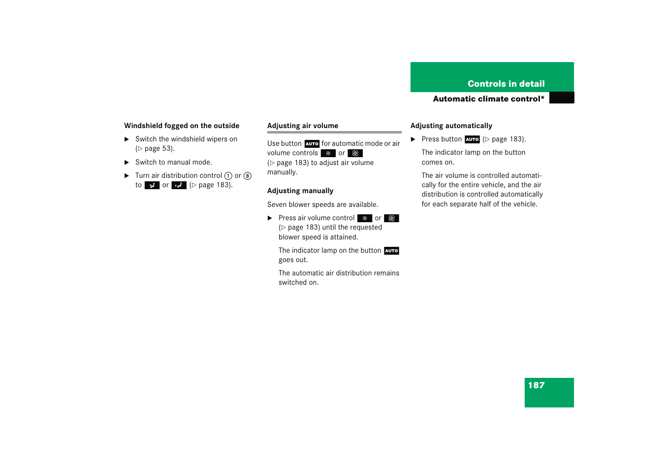 Air volume:adjusting, Adjusting air volume | Mercedes-Benz 2005 C 230 Kompressor User Manual | Page 188 / 474