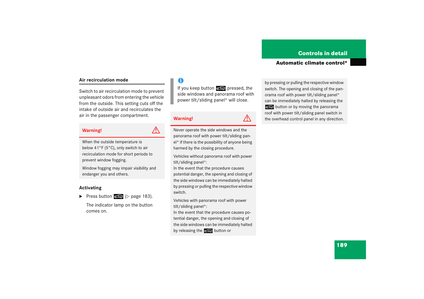 Air recirculation mode | Mercedes-Benz 2005 C 230 Kompressor User Manual | Page 190 / 474