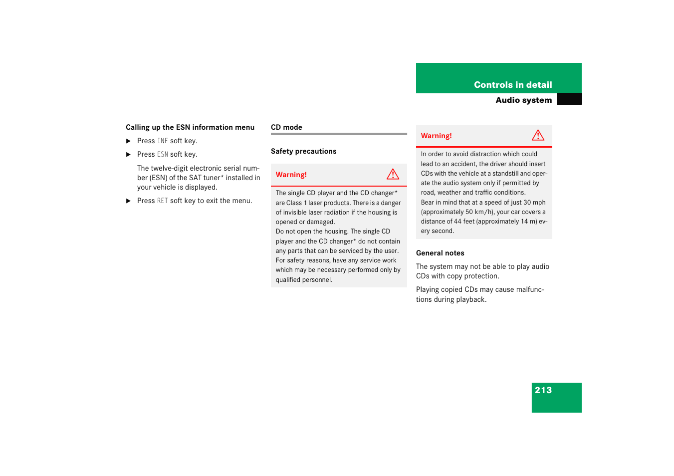 Audio system:cd* operation, Cd mode | Mercedes-Benz 2005 C 230 Kompressor User Manual | Page 214 / 474