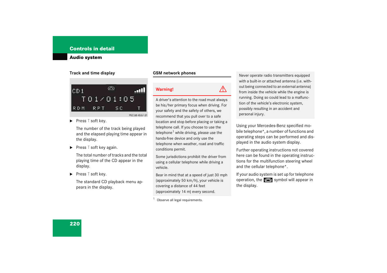 Audio system:telephone* operation, Gsm network phones | Mercedes-Benz 2005 C 230 Kompressor User Manual | Page 221 / 474