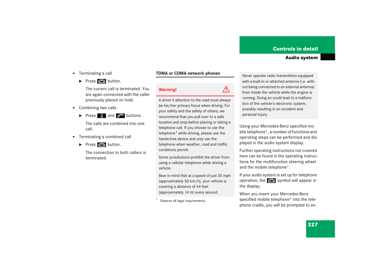 Tdma or cdma network phones | Mercedes-Benz 2005 C 230 Kompressor User Manual | Page 228 / 474