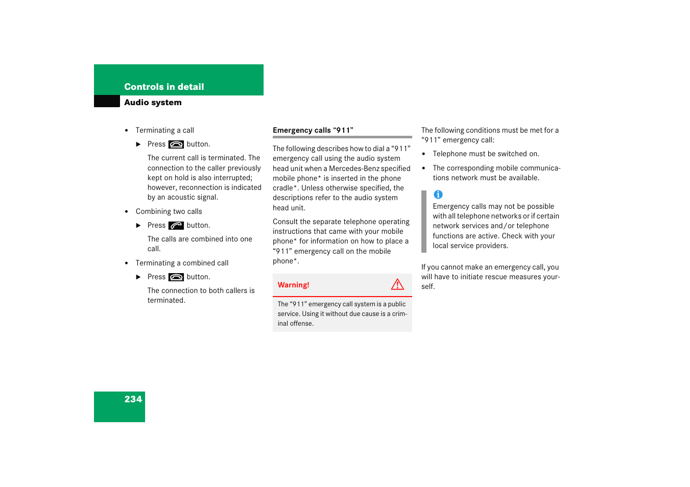 Emergency calls:"911, Emergency calls “911 | Mercedes-Benz 2005 C 230 Kompressor User Manual | Page 235 / 474