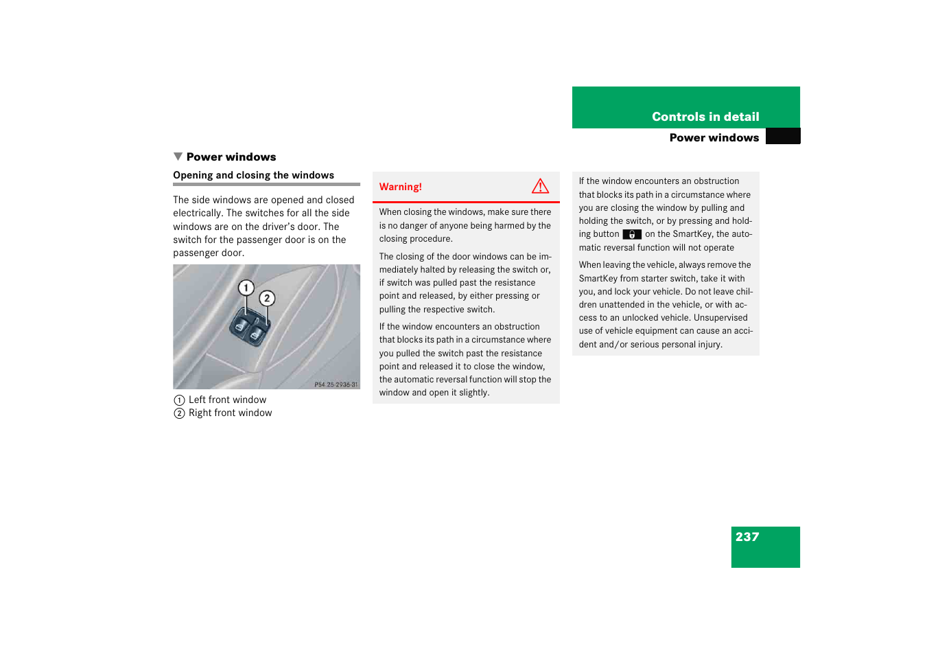 Power windows, Side windows:opening, Opening and closing the windows 237 | Mercedes-Benz 2005 C 230 Kompressor User Manual | Page 238 / 474