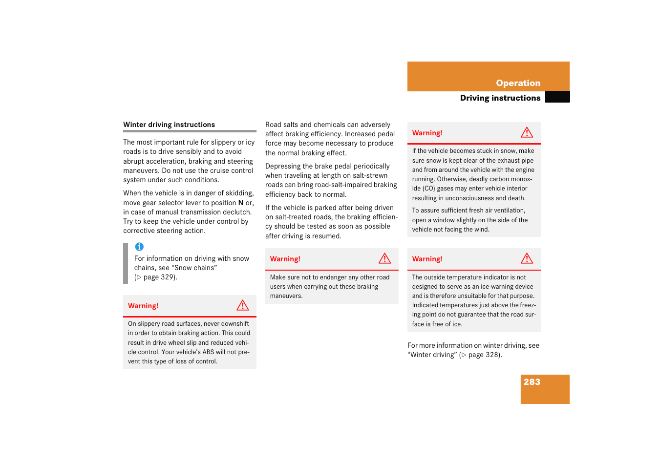 Winter driving instructions | Mercedes-Benz 2005 C 230 Kompressor User Manual | Page 284 / 474