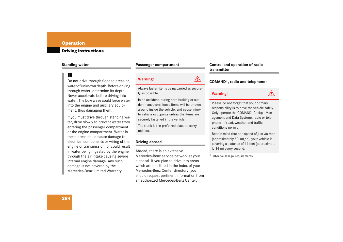Standing water:driving instructions, Passenger compartment, Driving abroad | Control and operation of radio transmitters | Mercedes-Benz 2005 C 230 Kompressor User Manual | Page 285 / 474