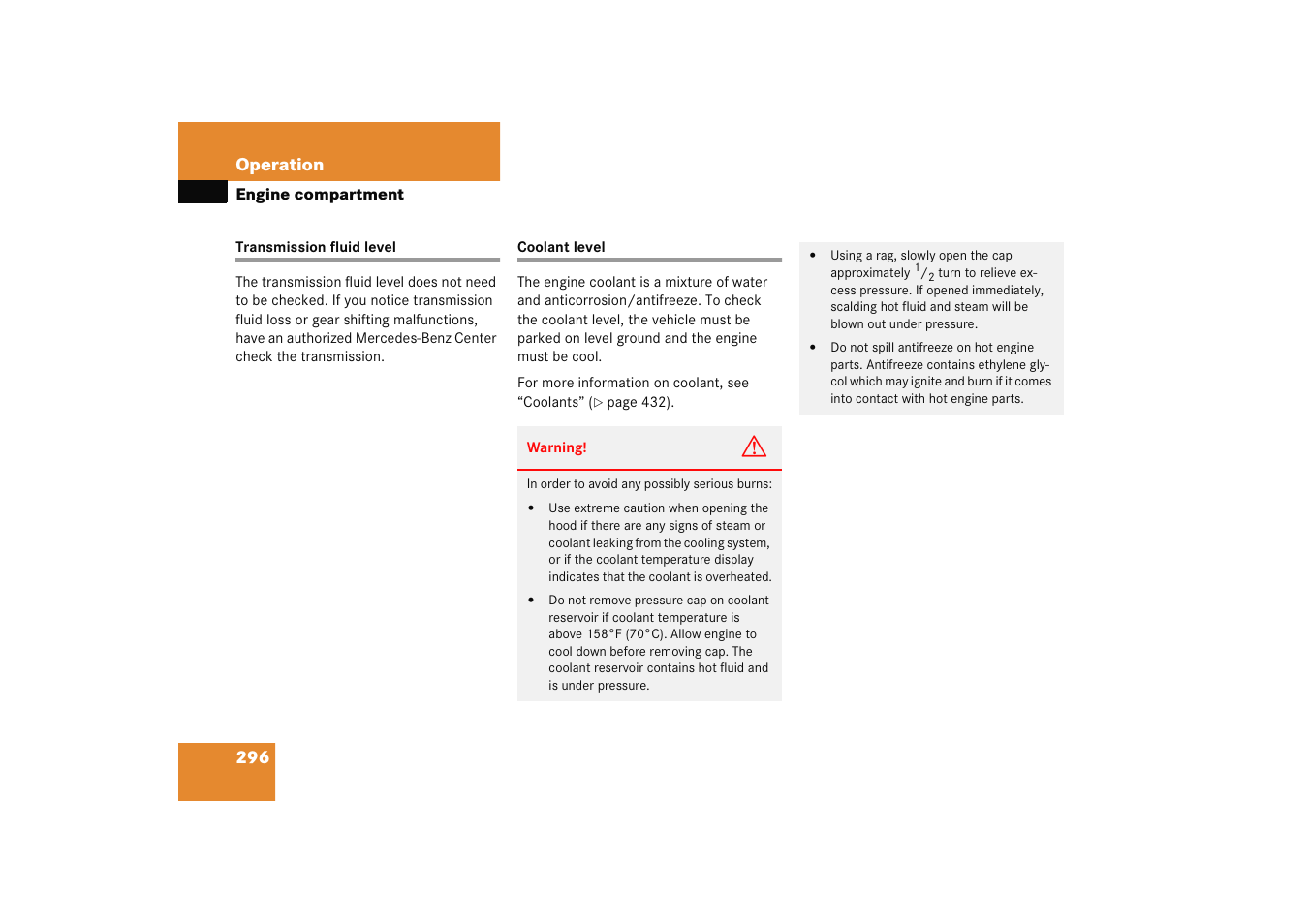 Transmission see automatic transmission, Coolant:checking level, Transmission fluid level coolant level | See “coolant level | Mercedes-Benz 2005 C 230 Kompressor User Manual | Page 297 / 474
