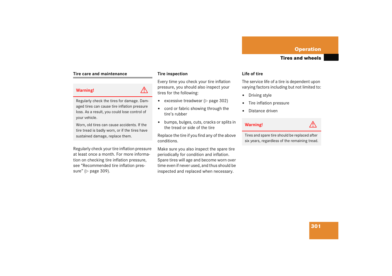 Tire care and maintenance | Mercedes-Benz 2005 C 230 Kompressor User Manual | Page 302 / 474