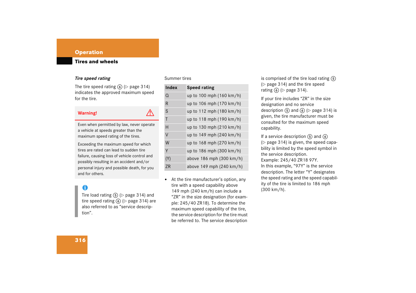 See “tire speed rating | Mercedes-Benz 2005 C 230 Kompressor User Manual | Page 317 / 474