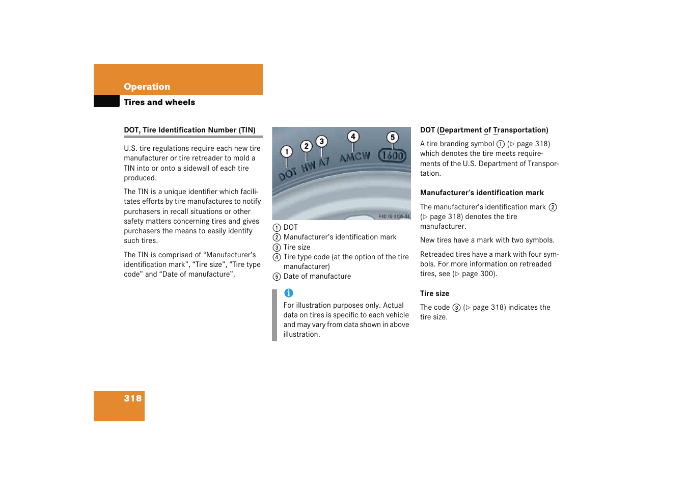 Dot, tire identification number (tin) | Mercedes-Benz 2005 C 230 Kompressor User Manual | Page 319 / 474