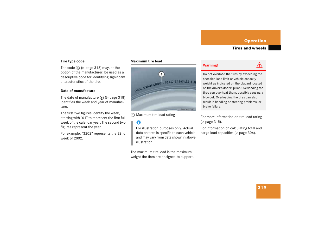 Maximum tire load | Mercedes-Benz 2005 C 230 Kompressor User Manual | Page 320 / 474